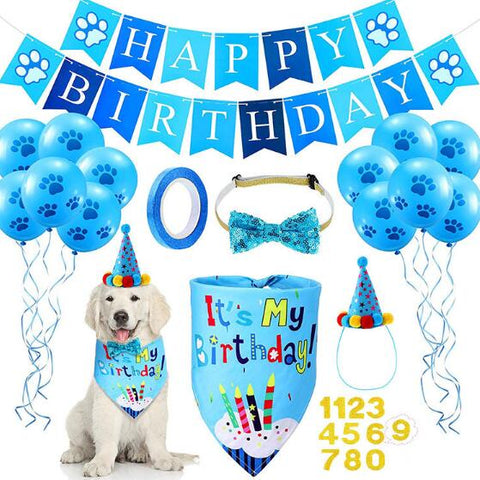 Pet Birthday Banner Pull Flag Birthday Hat Party Dog Paw Balloon Saliva Towel Bow Tie Pet Props
