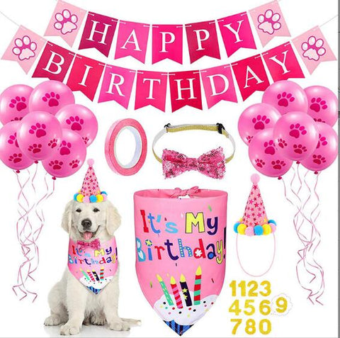 Pet Birthday Banner Pull Flag Birthday Hat Party Dog Paw Balloon Saliva Towel Bow Tie Pet Props